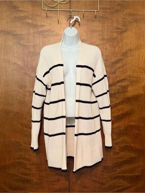 Loft Outlet Long Sleeve Open Front Cardigan Womens L Ivory & Blue Stripes Cotton